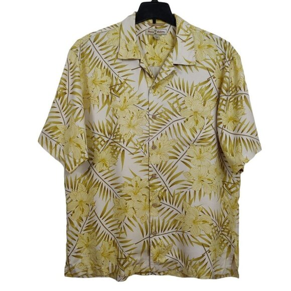 Tommy Bahama Silk Hawaiian Shirt Size Large Chartreuse Green Floral Print Aloha - Picture 1 of 10